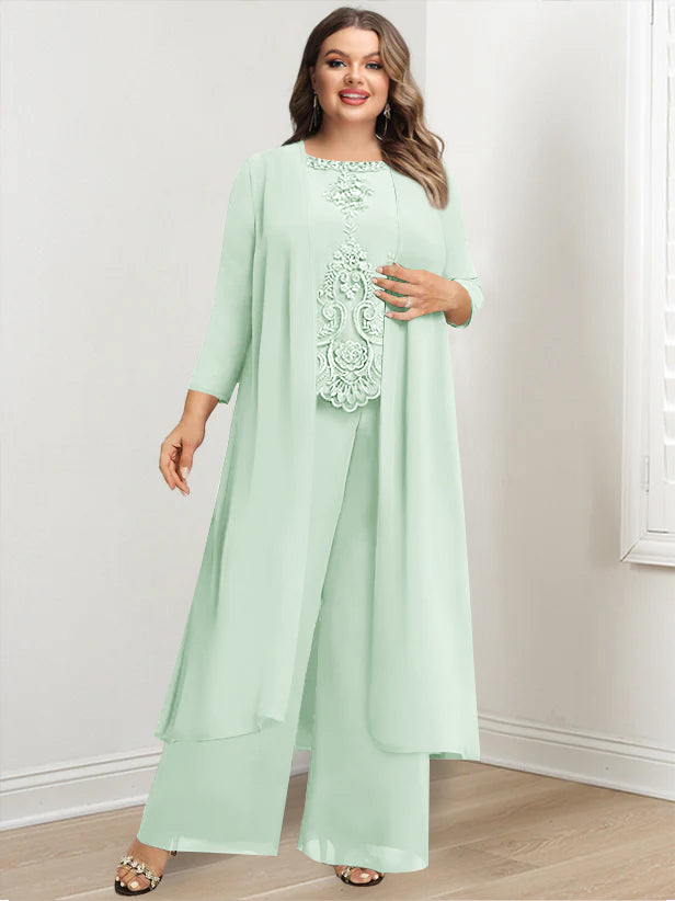 Plus Size Floor Length Chiffon Pantsuit For Mother Of The Bride Applique Jacket
