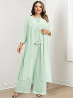 Plus Size Floor Length Chiffon Pantsuit For Mother Of The Bride Applique Jacket
