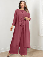Plus Size Floor Length Chiffon Pantsuit For Mother Of The Bride Applique Jacket