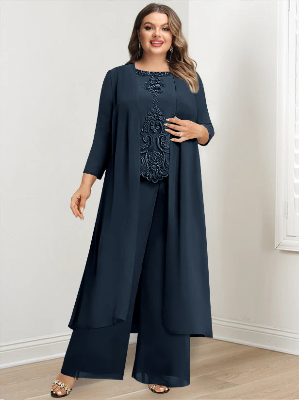 Plus Size Floor Length Chiffon Pantsuit For Mother Of The Bride Applique Jacket