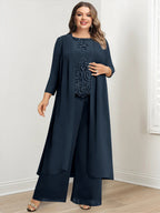 Plus Size Floor Length Chiffon Pantsuit For Mother Of The Bride Applique Jacket
