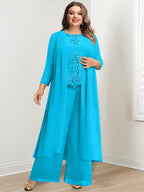 Plus Size Floor Length Chiffon Pantsuit For Mother Of The Bride Applique Jacket