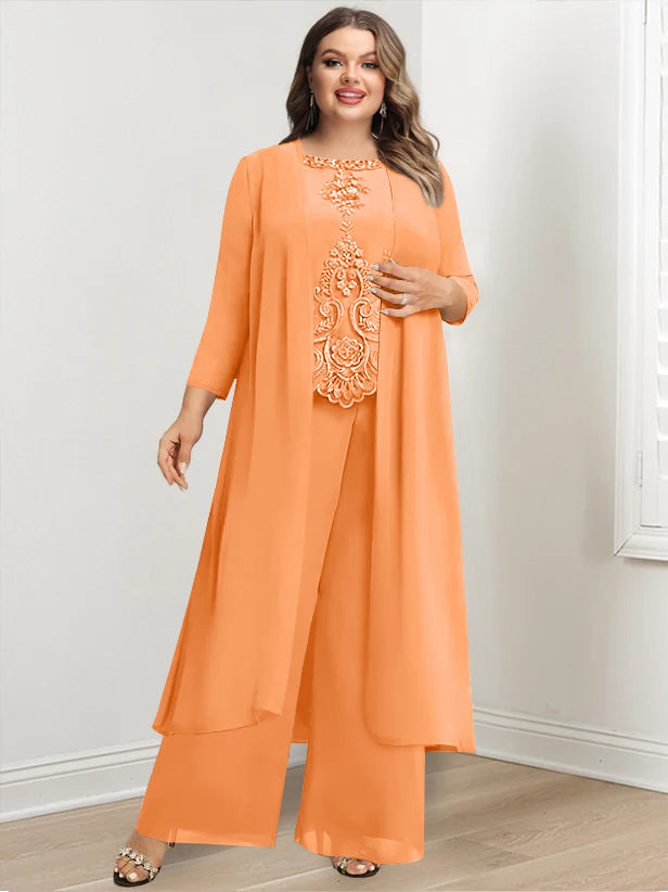 Plus Size Floor Length Chiffon Pantsuit For Mother Of The Bride Applique Jacket