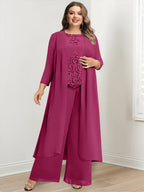 Plus Size Floor Length Chiffon Pantsuit For Mother Of The Bride Applique Jacket