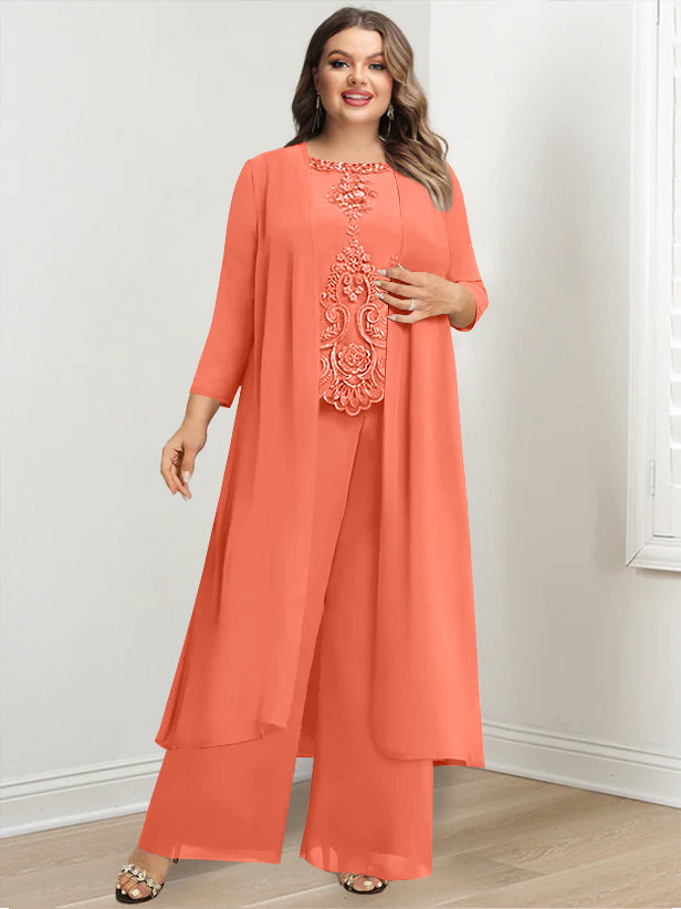 Plus Size Floor Length Chiffon Pantsuit For Mother Of The Bride Applique Jacket