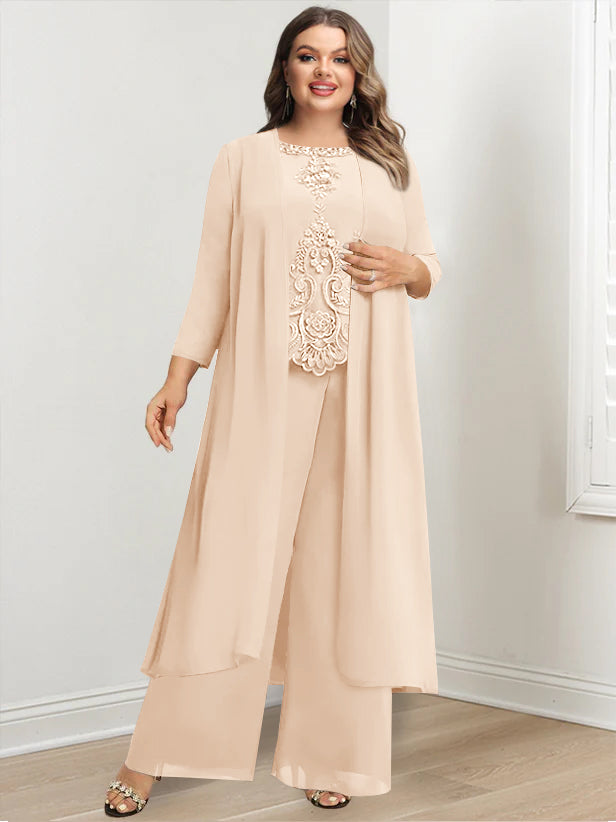 Plus Size Floor Length Chiffon Pantsuit For Mother Of The Bride Applique Jacket