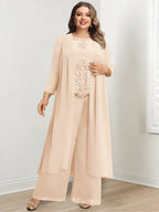 Plus Size Floor Length Chiffon Pantsuit For Mother Of The Bride Applique Jacket