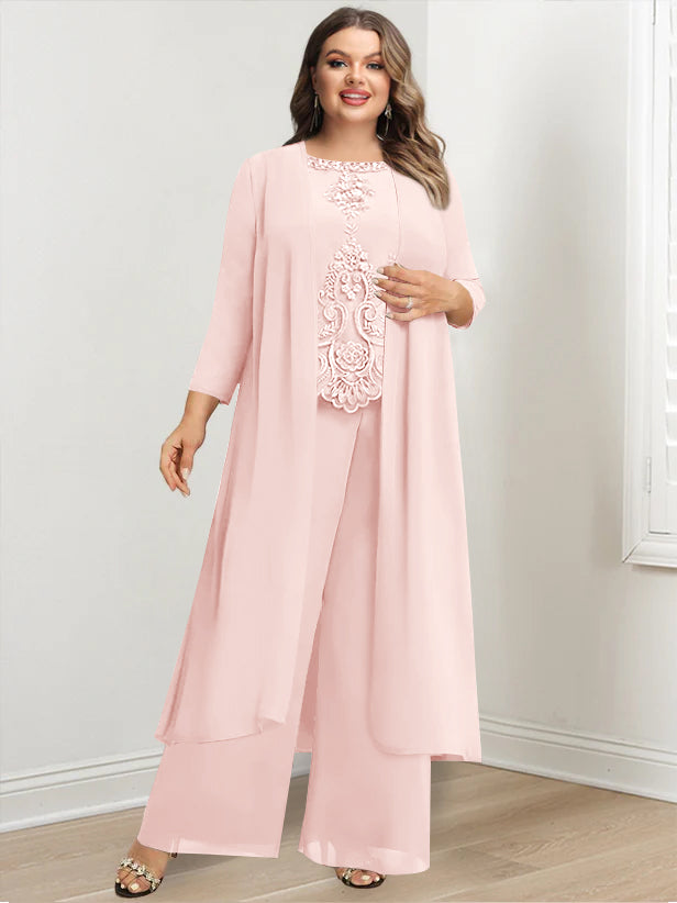 Plus Size Floor Length Chiffon Pantsuit For Mother Of The Bride Applique Jacket