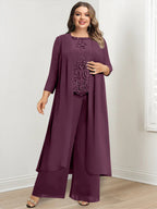 Plus Size Floor Length Chiffon Pantsuit For Mother Of The Bride Applique Jacket