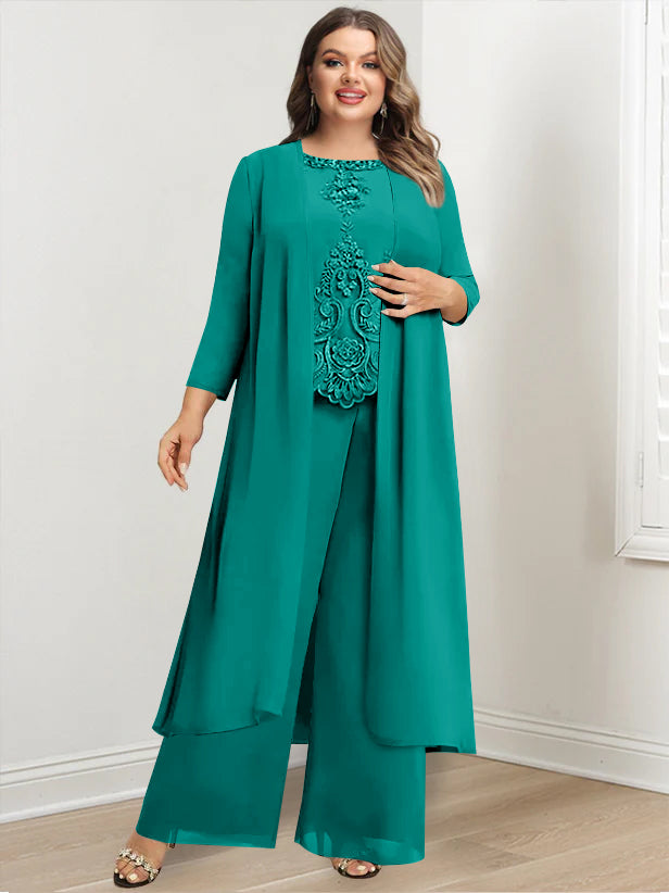 Plus Size Floor Length Chiffon Pantsuit For Mother Of The Bride Applique Jacket