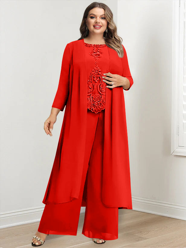 Plus Size Floor Length Chiffon Pantsuit For Mother Of The Bride Applique Jacket