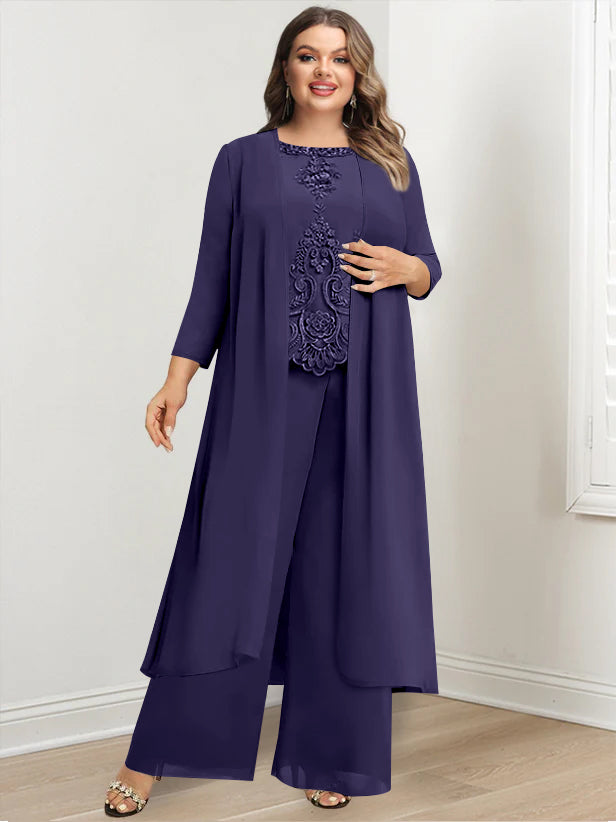 Plus Size Floor Length Chiffon Pantsuit For Mother Of The Bride Applique Jacket