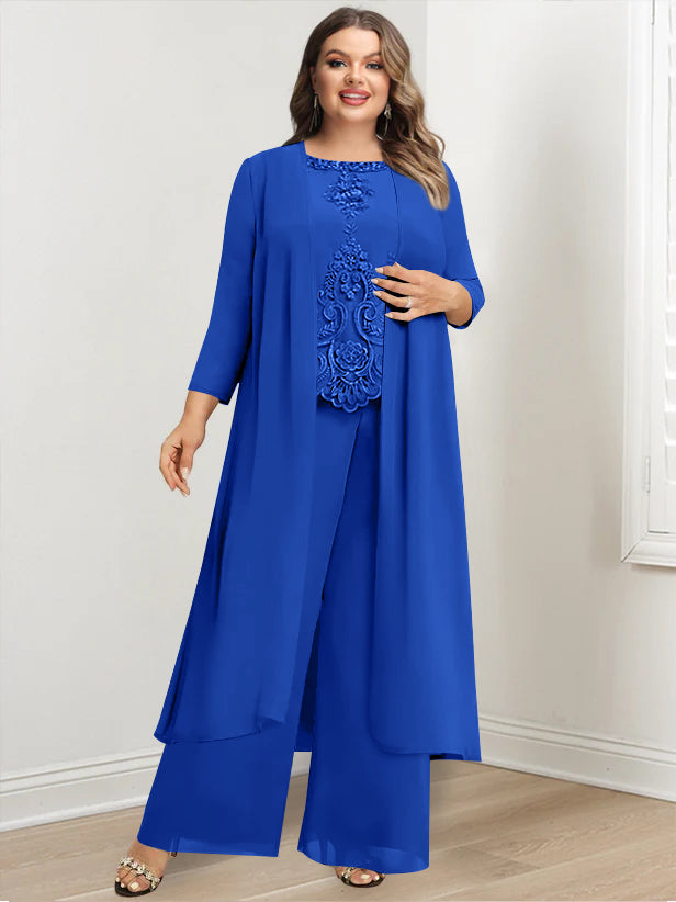 Plus Size Floor Length Chiffon Pantsuit For Mother Of The Bride Applique Jacket