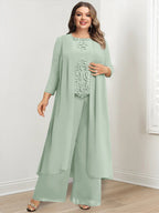 Plus Size Floor Length Chiffon Pantsuit For Mother Of The Bride Applique Jacket