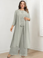 Plus Size Floor Length Chiffon Pantsuit For Mother Of The Bride Applique Jacket