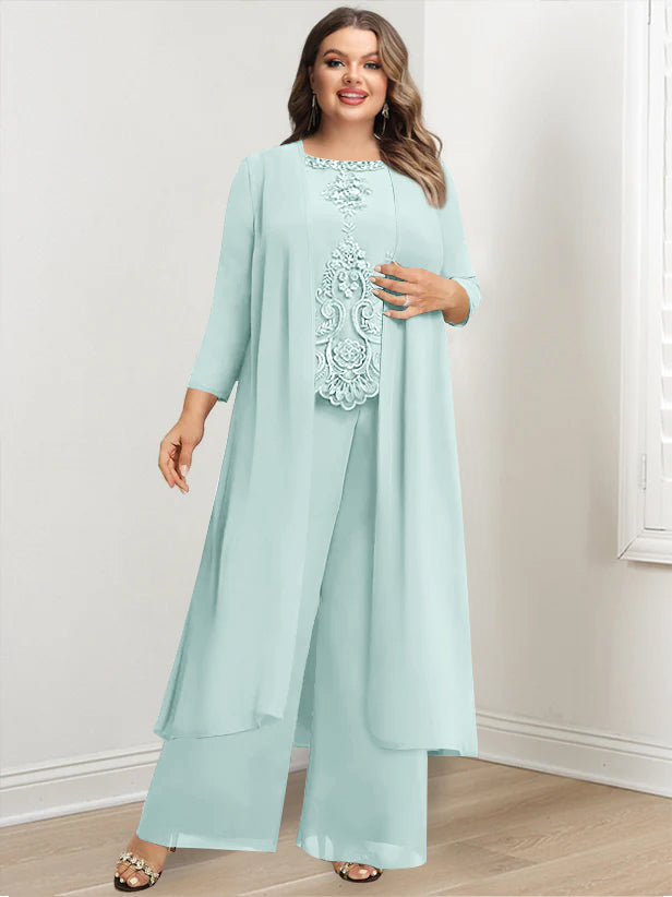 Plus Size Floor Length Chiffon Pantsuit For Mother Of The Bride Applique Jacket