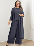 Plus Size Floor Length Chiffon Pantsuit For Mother Of The Bride Applique Jacket