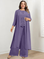 Plus Size Floor Length Chiffon Pantsuit For Mother Of The Bride Applique Jacket