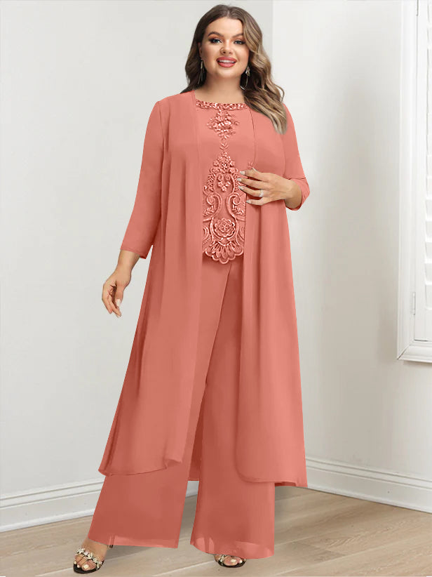 Plus Size Floor Length Chiffon Pantsuit For Mother Of The Bride Applique Jacket