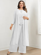 Plus Size Floor Length Chiffon Pantsuit For Mother Of The Bride Applique Jacket
