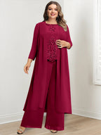 Plus Size Floor Length Chiffon Pantsuit For Mother Of The Bride Applique Jacket