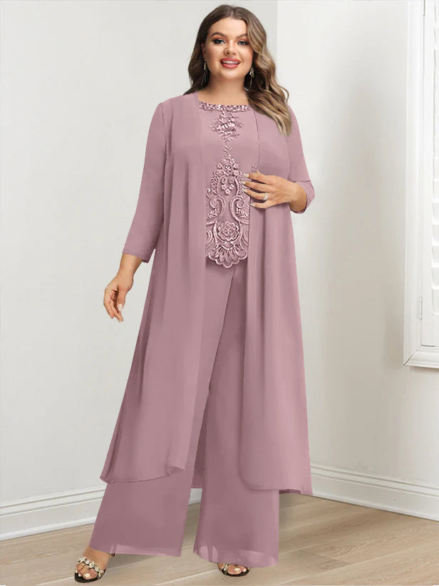 Plus Size Floor Length Chiffon Pantsuit For Mother Of The Bride Applique Jacket