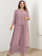 Plus Size Floor Length Chiffon Pantsuit For Mother Of The Bride Applique Jacket