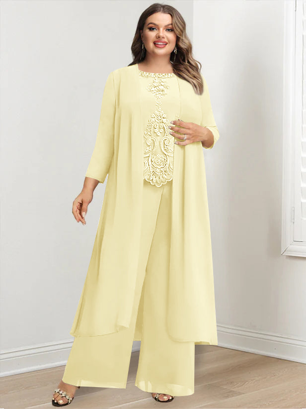 Plus Size Floor Length Chiffon Pantsuit For Mother Of The Bride Applique Jacket