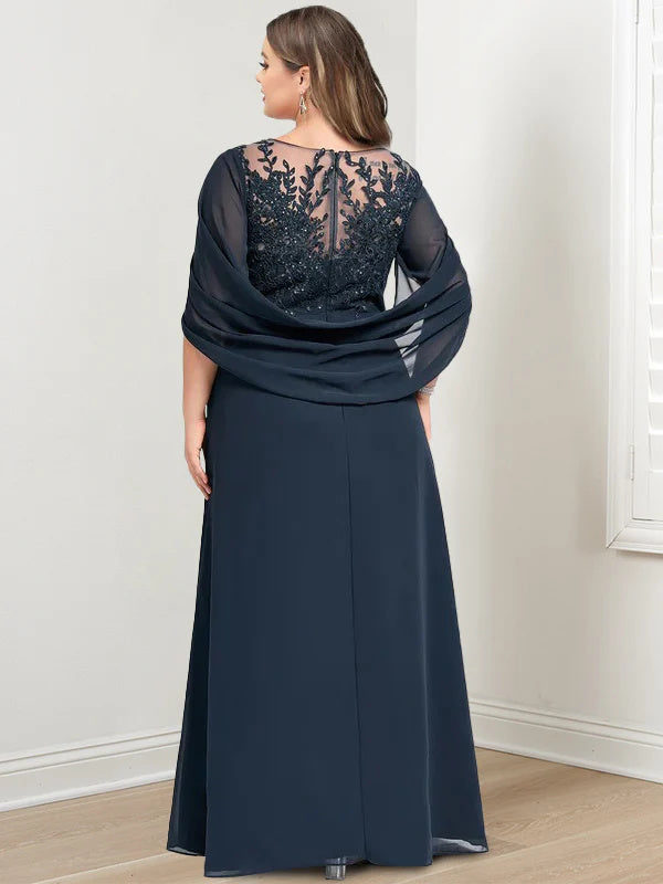 Plus Size Floor Length Dress Mother Of The Bride With Scoop Neck Pleats Sequins