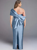 One Shoulder Sleeveless Floor Length Sheath Dress Mother Of Bride With Bowknot