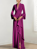 V Neck Floor Length Mother Of The Bride Dress With Side Split And Long Sleeves