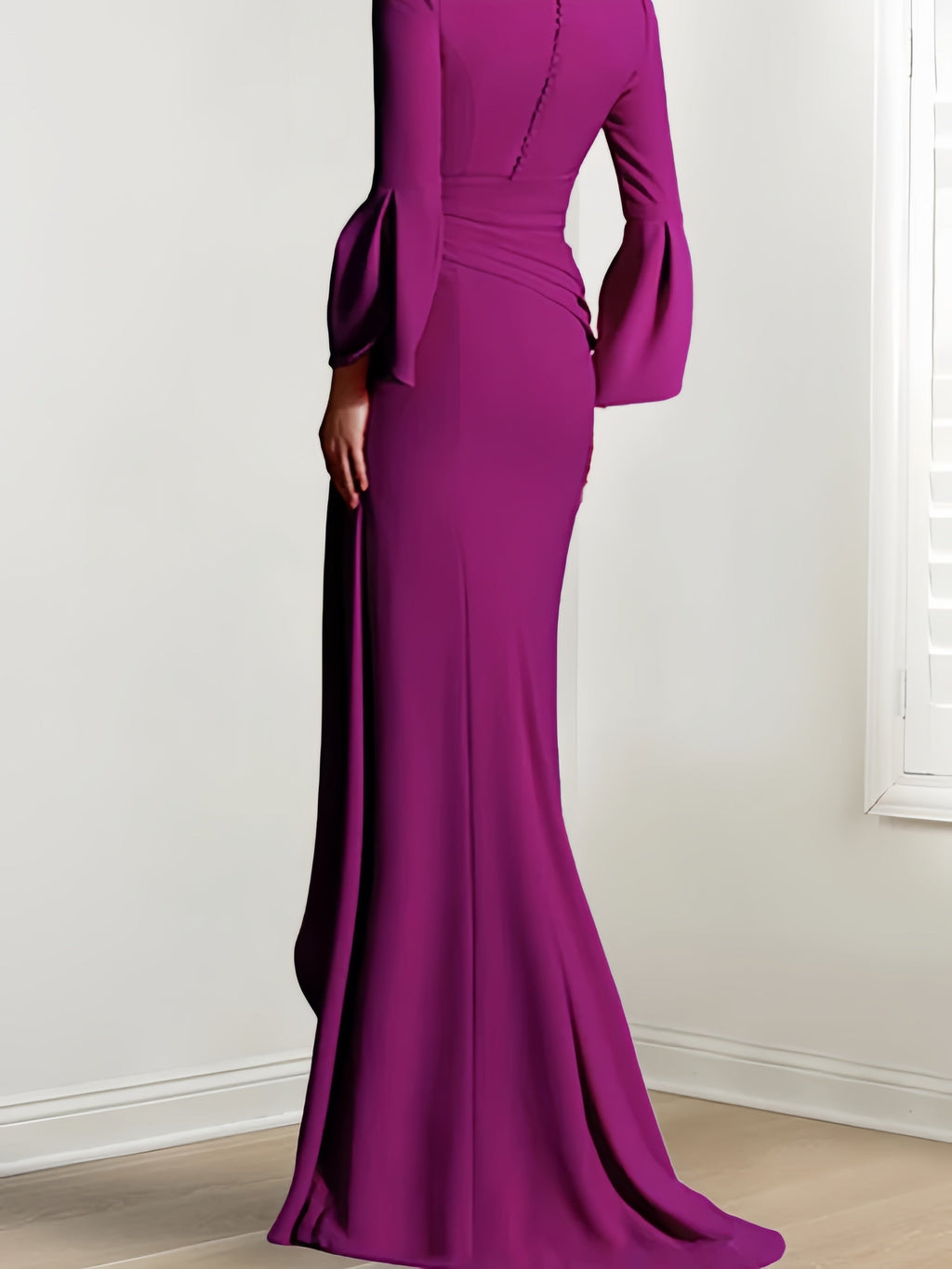 V Neck Floor Length Mother Of The Bride Dress With Side Split And Long Sleeves