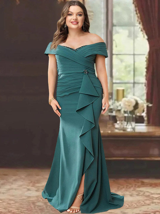 Off Shoulder Sleeveless Plus Size Mother Of The Bride Gown With Ruffles
