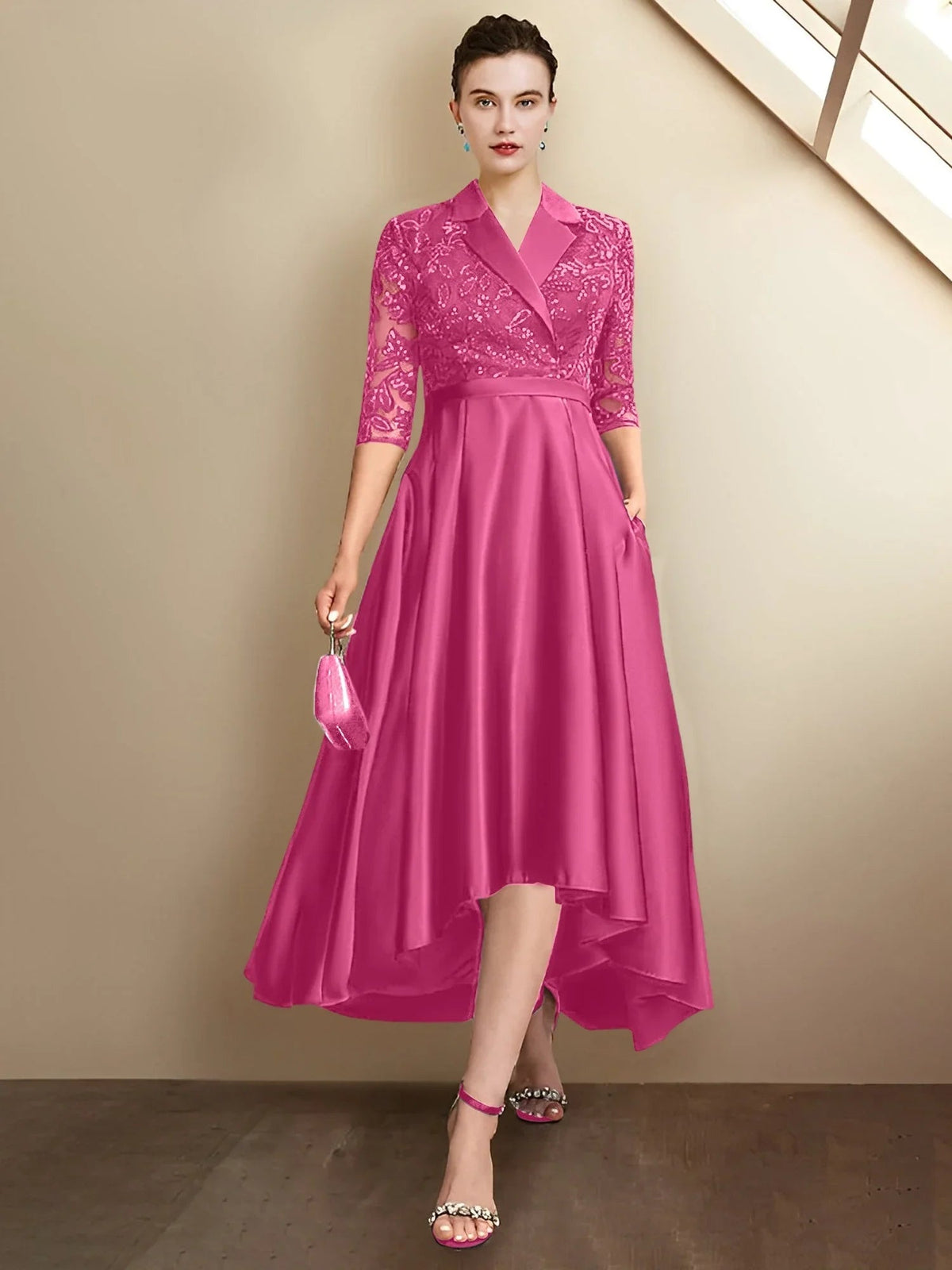 Vestidos de madrina de corte recto/columnar con escote en V y largo hasta el té
