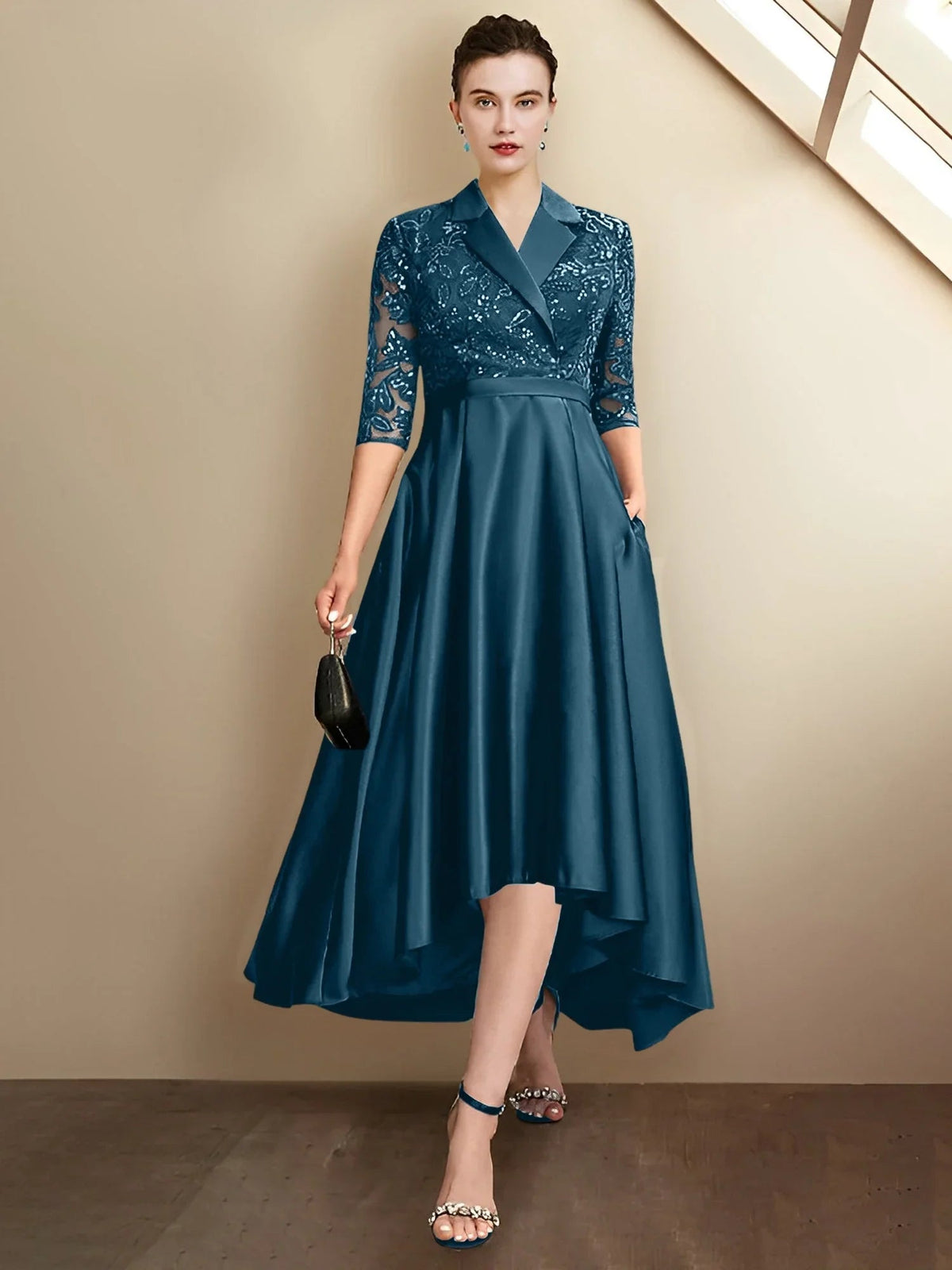 Vestidos de madrina de corte recto/columnar con escote en V y largo hasta el té