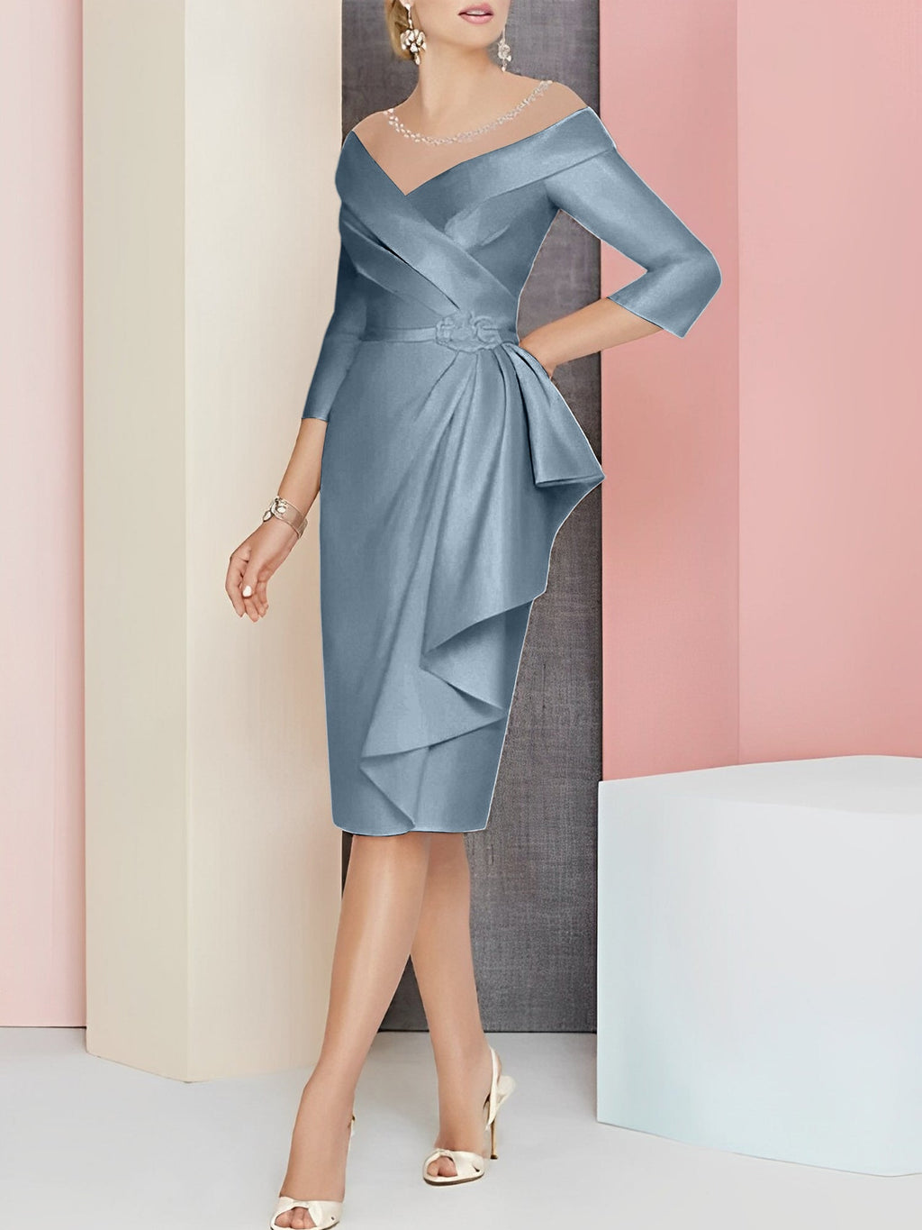 Vestido bainha com decote em V até ao joelho para mãe da noiva