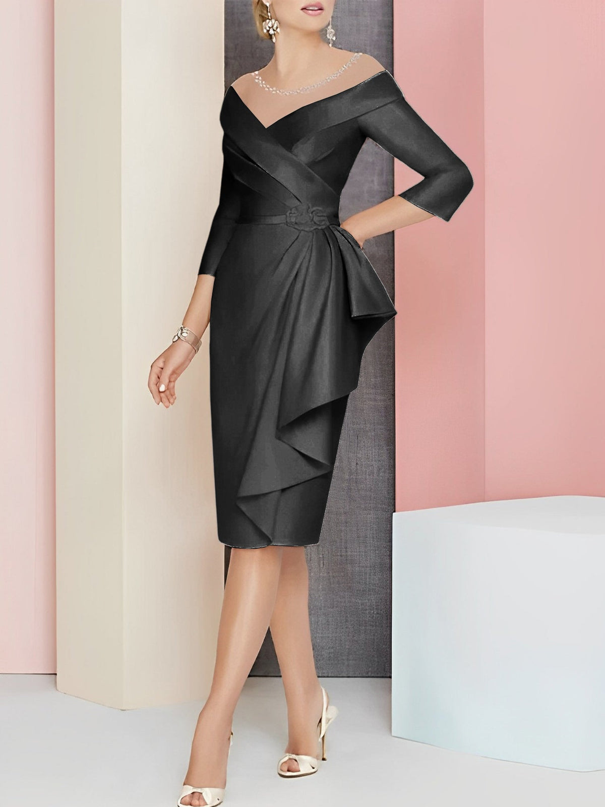 Vestido bainha com decote em V até ao joelho para mãe da noiva