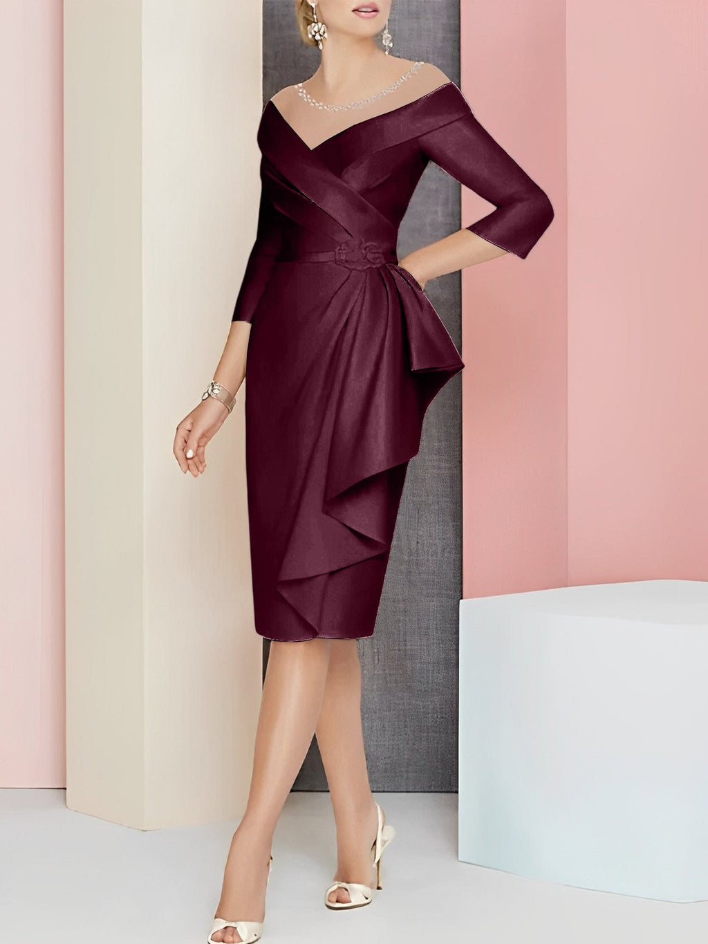Vestido bainha com decote em V até ao joelho para mãe da noiva