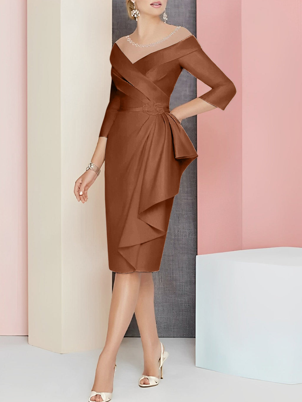 Vestido bainha com decote em V até ao joelho para mãe da noiva