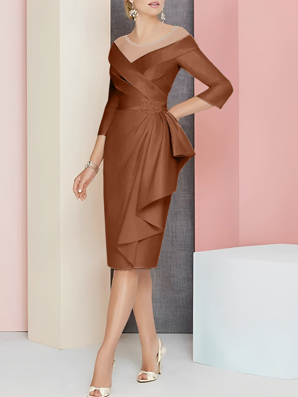 Vestido bainha com decote em V até ao joelho para mãe da noiva
