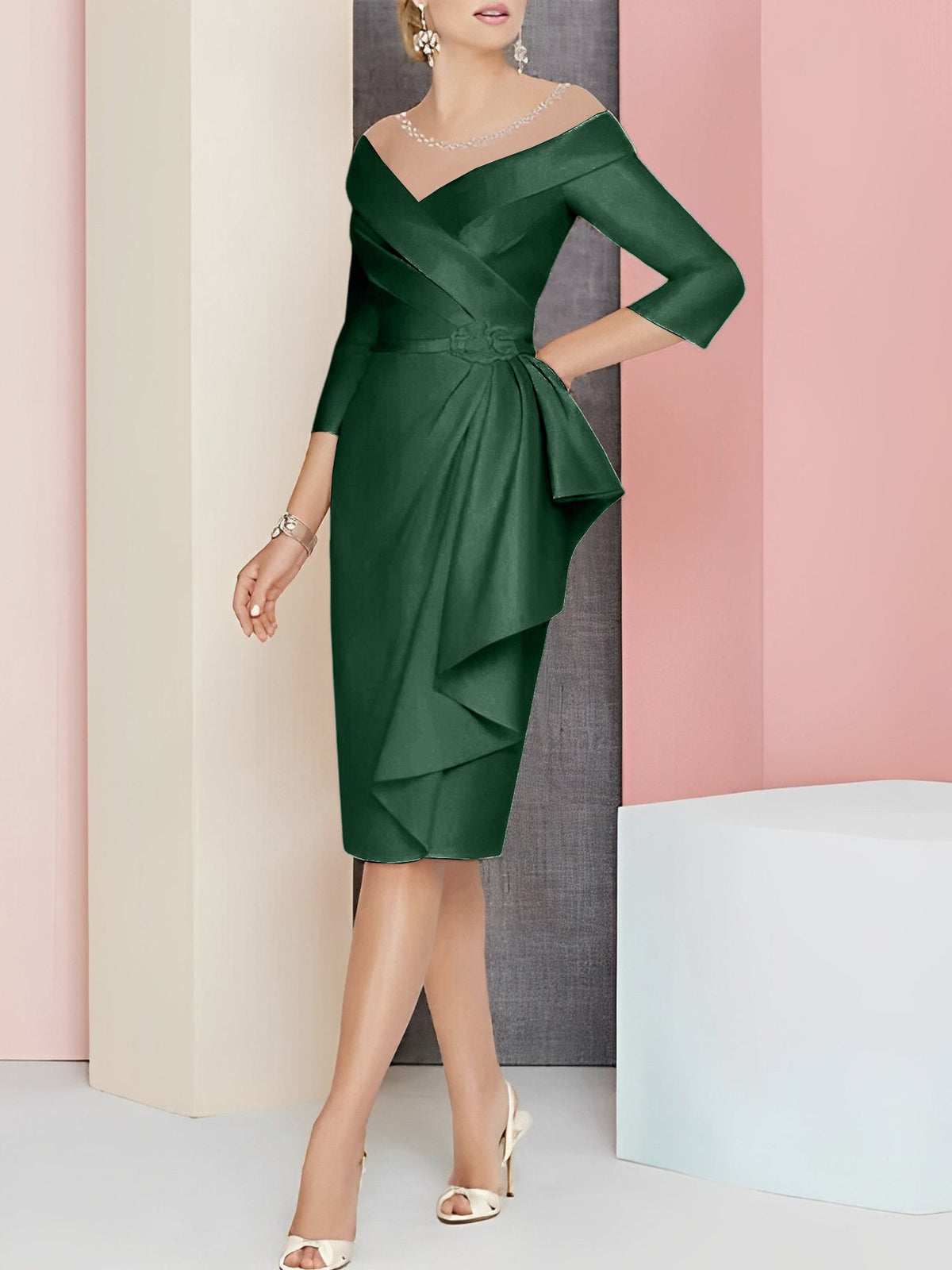 Vestido bainha com decote em V até ao joelho para mãe da noiva