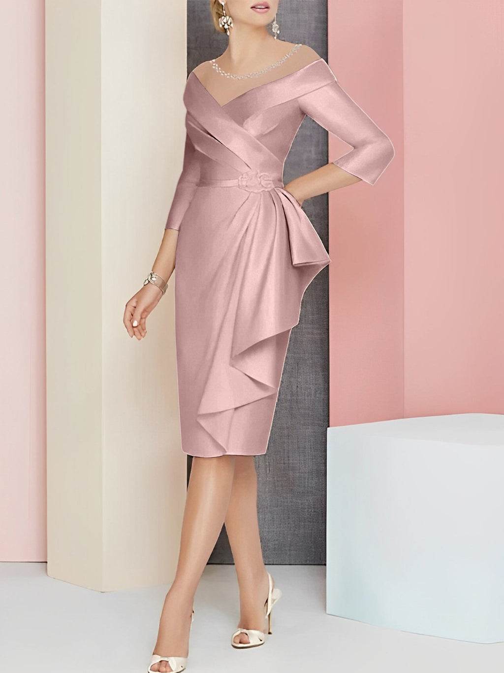Vestido bainha com decote em V até ao joelho para mãe da noiva