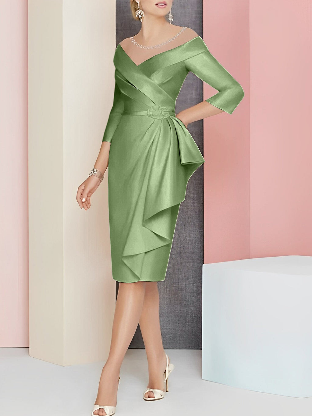 Vestido bainha com decote em V até ao joelho para mãe da noiva