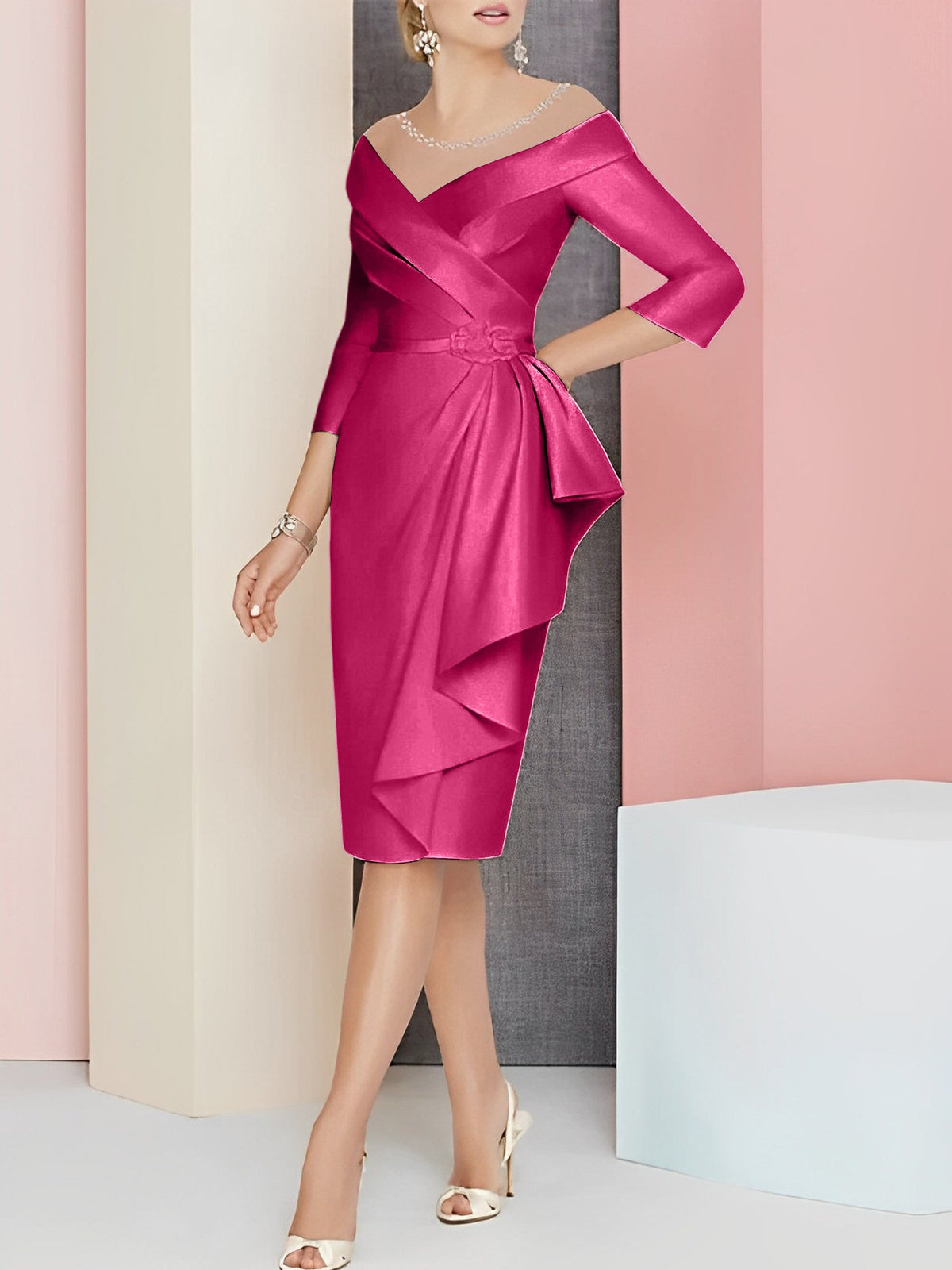 Vestido bainha com decote em V até ao joelho para mãe da noiva