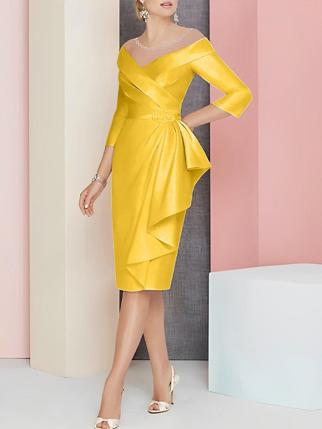 Vestido bainha com decote em V até ao joelho para mãe da noiva