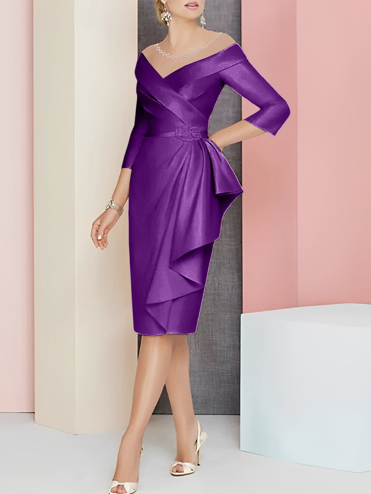 Vestido bainha com decote em V até ao joelho para mãe da noiva