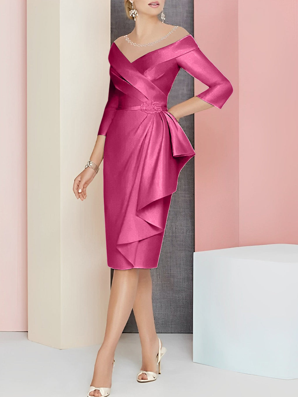 Vestido bainha com decote em V até ao joelho para mãe da noiva
