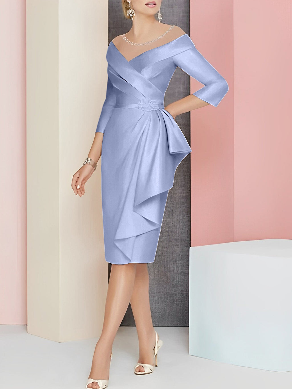 Vestido bainha com decote em V até ao joelho para mãe da noiva