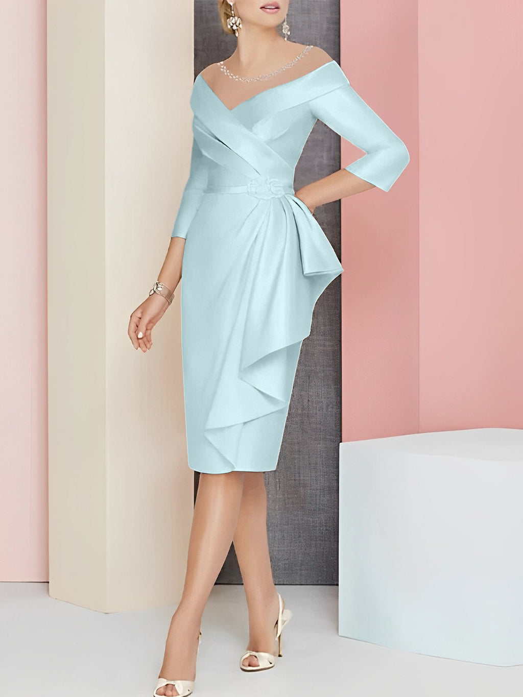 Vestido bainha com decote em V até ao joelho para mãe da noiva