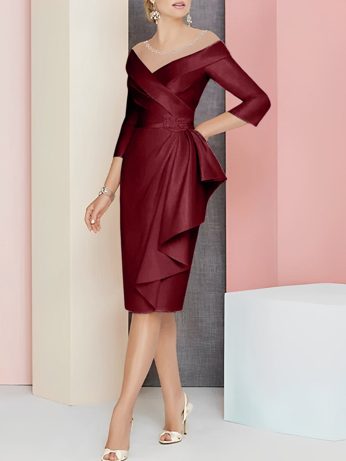 Vestido bainha com decote em V até ao joelho para mãe da noiva
